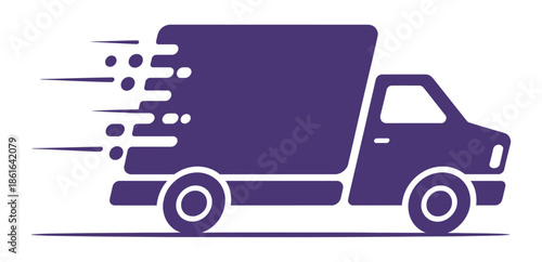 A purple delivery truck is moving fast with motion lines behind it.