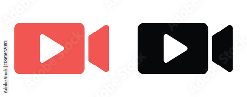 Red and black video camera icons with play buttons are displayed on a white background.