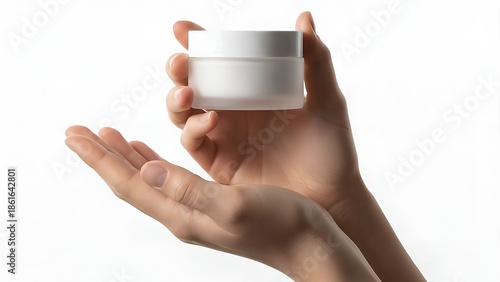 Minimalist white cosmetic jar mockup held by hand, professional skincare product photography on white background.