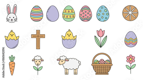 A delightful collection of colorful Easter holiday icons featuring bunnies, chicks, eggs, and spring elements for festive designs and joyful celebrations
