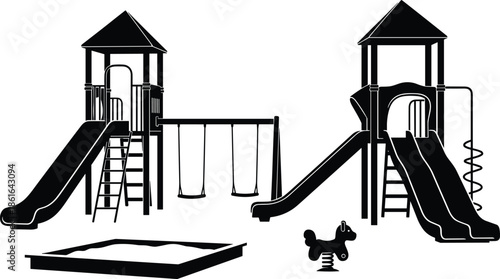Children playground equipment silhouette set with slides swings sandbox and spring rider isolated on white background for park vector illustration design