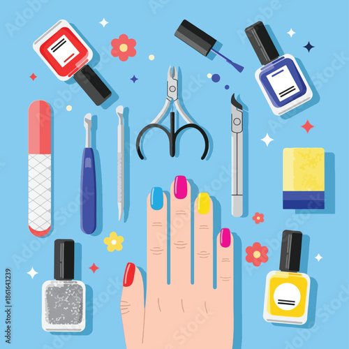 Colorful nail polish and tools.