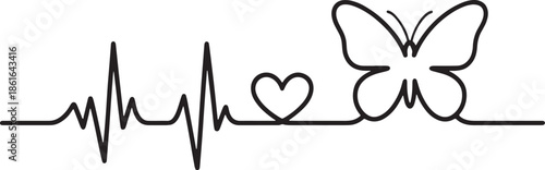 Butterfly heartbeat line with heart shape medical pulse rhythm life symbol continuous line art