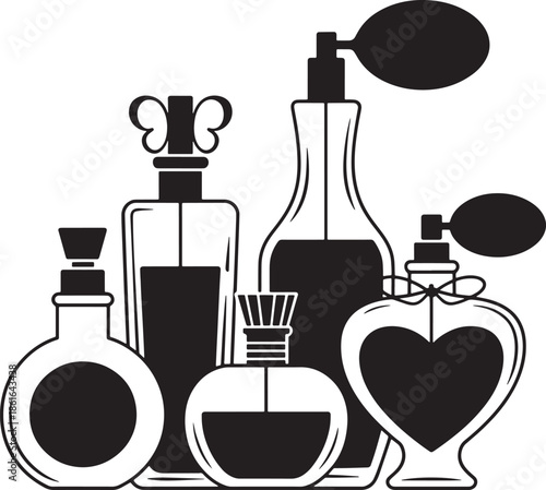 Collection of various black silhouette perfume bottles with atomizers on transparent background