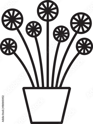 Dandelion flower bouquet in pot line art illustration for coloring book page and kids activity