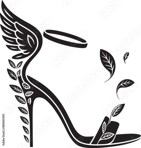Elegant high heel sandal with wings and leaf details fashion silhouette footwear outline icon