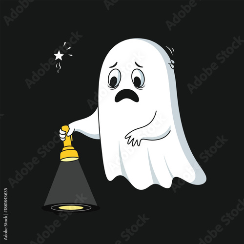 Cartoon ghost holding a lamp scared.