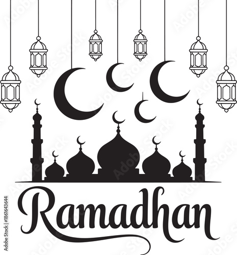 Islamic ramadhan kareem vector design with mosque silhouette and hanging lanterns and crescent moons