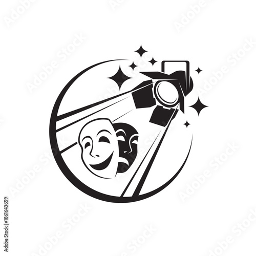 icon of comedy and tragedy theatrical masks with spotlight isolated on white background