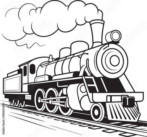 Old fashioned steam train line art illustration traveling on railroad tracks engine