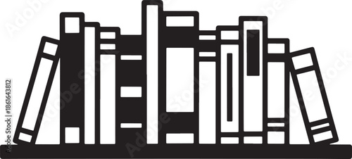 Silhouette of books on shelf icon for library and reading concept black and white