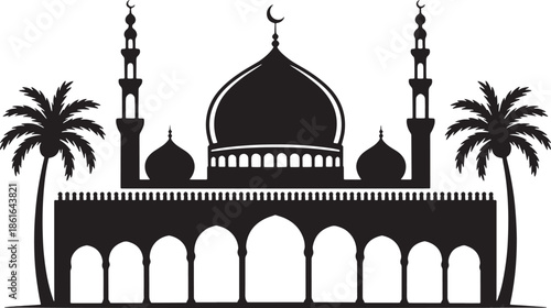 Silhouette of grand mosque with minarets dome and palm trees on transparent setting