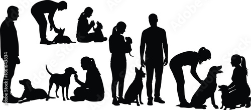 Dog lover silhouette, human pet interaction, emotional bond, companionship, black vector illustration, pet care, sitting, standing, kneeling, holding, walking, affection