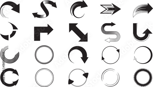 Abstract black and white arrow symbols and distressed circular shapes collection