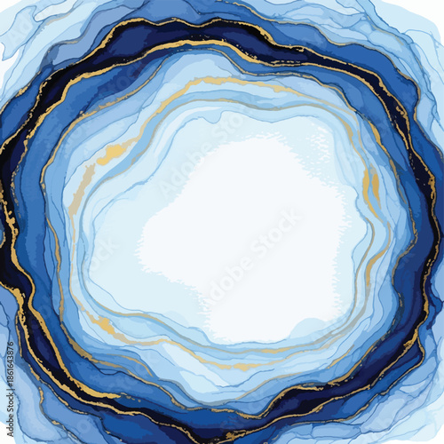 Deep Blue and Gold Alcohol Ink Circular Frame with Concentric Agate Inspired Marble Texture , Generative Ai