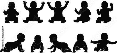 Cute baby silhouettes in different sitting and crawling poses isolated on white background for childcare vector illustration design