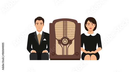 Vintage radio with retro style characters in flat design