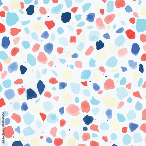 Colorful Watercolor Terrazzo Seamless Pattern with Blue Red and Yellow Speckles on White Background , Generative Ai