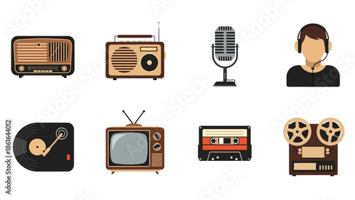 Retro audio devices and communication icons in flat style