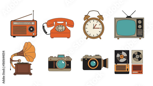 Retro devices collection: vintage technology icons in flat design