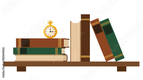 Bookshelf with vintage clock and classic books in flat design