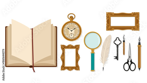 Vintage objects collection with open book, frames, and antique tools on white background