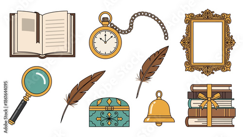 Elegant vintage objects collection with open book, pocket watch, and ornate frame