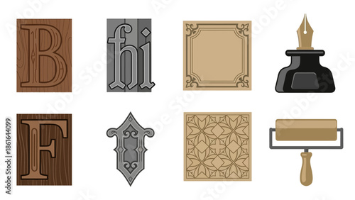 Vintage typography and printing tools set with wooden letters and inkwell