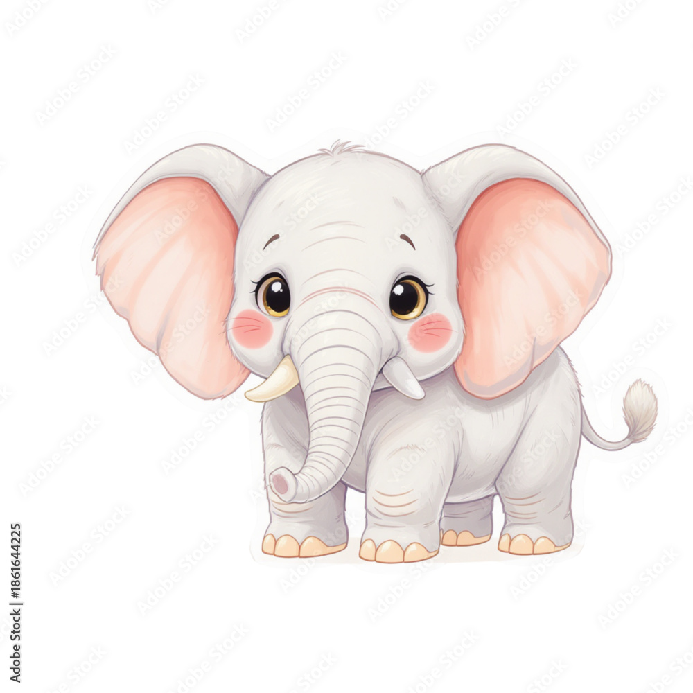 Naklejka premium Cheerful pink and gray baby elephant cartoon character with a cute baby mammal in a fun safari nature for wild animal clipart and zoo mascot art drawing