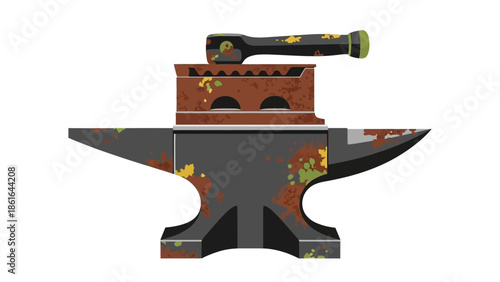 Rustic anvil with old hammer featuring orange and green patina