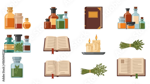 Herbal apothecary collection: vintage bottles, open books, rustic candles, and herb bundles