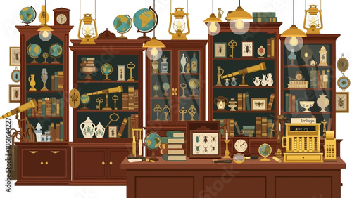 Vintage antiques shop with globes and curiosities in a flat design