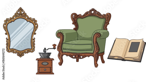 Elegant antique decor with vintage armchair, mirror, grinder, and open book
