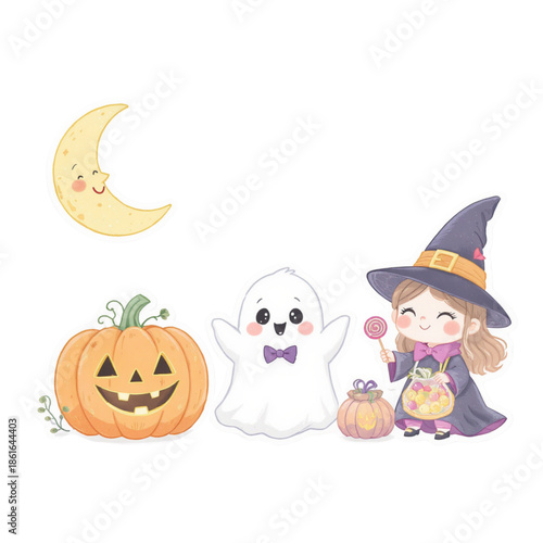 Cartoon set of a spooky orange pumpkin with a scary witch character and a ghost for a Halloween holiday celebration