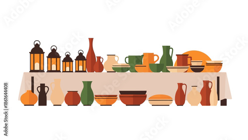 Rustic table display with ceramic jars, lanterns, and colorful pitchers