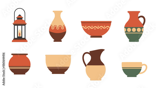 Rustic ceramic pottery collection featuring traditional vases, jugs, and bowls in earth tones
