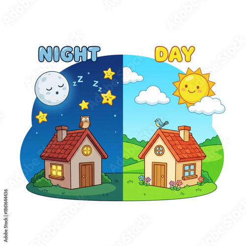 The cartoon illustrates a comparison between day and night; the nighttime half is quiet, while the daytime is joyful.