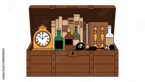 Vintage treasure chest with antique clock and old books