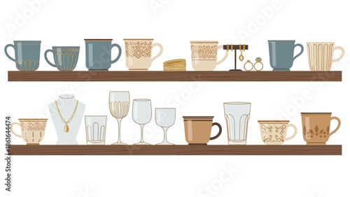 Elegant shelving display with decorative mugs, glassware, and jewelry