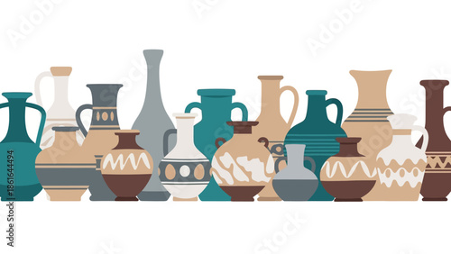Ancient pottery collection: flat design of ceramic vessels in earthy tones