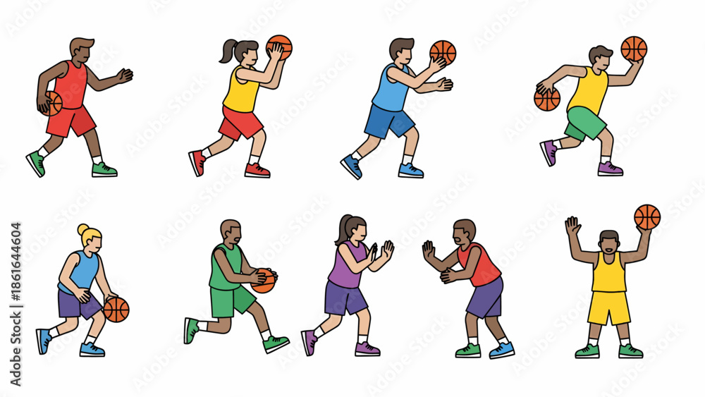 Naklejka premium Diverse group of cartoon characters playing basketball in various action poses on a white background, illustrating different aspects of the sport.