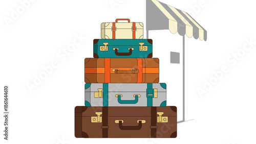 Stack of retro suitcases in front of a stripe awning stand