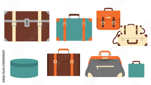 Collection of vintage suitcases and bags in retro flat design