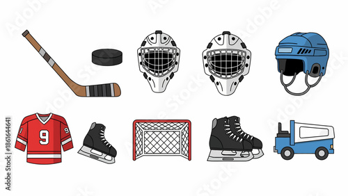 Collection of ice hockey equipment and related items on a white background, including skates, stick, puck, helmets, and net.