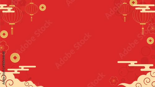 Vibrant red background with traditional Chinese lanterns, gold coins, and auspicious clouds, perfect for Lunar New Year celebrations.