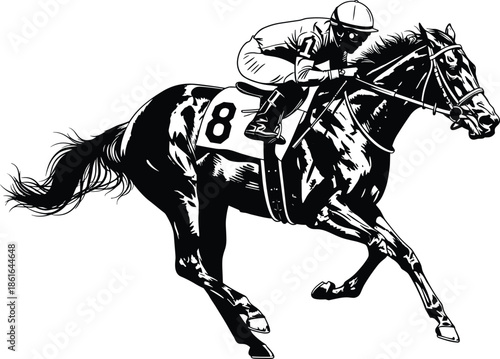 Dynamic vector illustration of jockey riding racehorse in full speed action, showcasing competitive horse racing, athletic motion, and professional equestrian sports performance