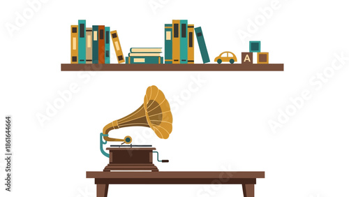Retro gramophone and bookshelf art in a minimalist vintage style