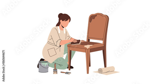 Woman restoring furniture: diy chair makeover scene