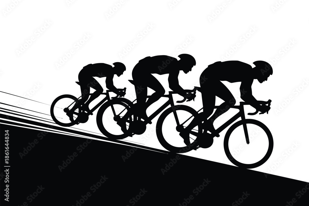 Fototapeta premium Three cyclists in silhouette race uphill on a bright white background.