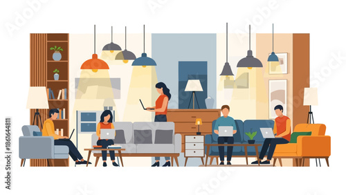 Modern workspace collaboration with people using laptops